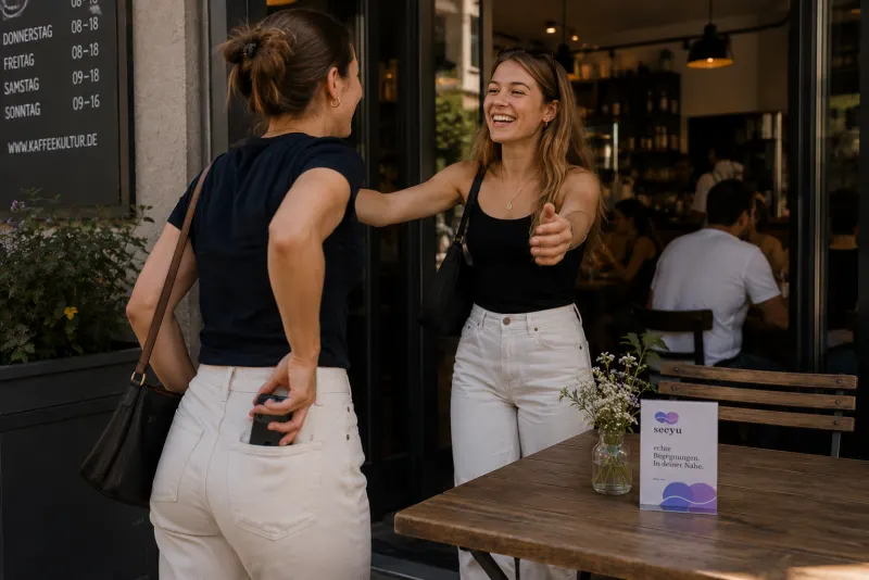 Zwei Freundinnen begrüßen sich vor einem Café