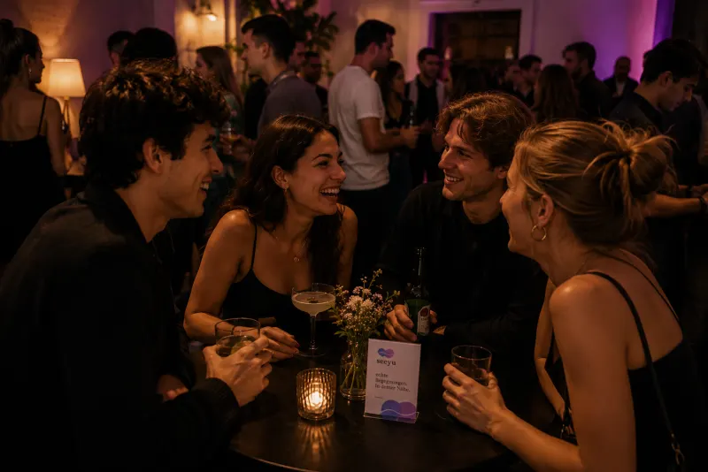 Vier Menschen im Gespräch an einem Partytisch mit Seeyu-Aufsteller
